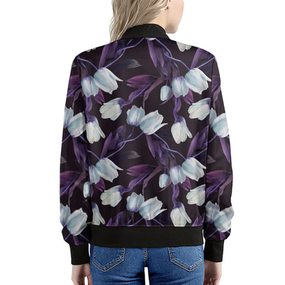 White And Purple Tulip Pattern Print Women's Bomber Jacket