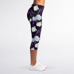 White And Purple Tulip Pattern Print Women's Capri Leggings