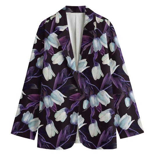 White And Purple Tulip Pattern Print Women's Cotton Blazer
