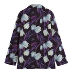 White And Purple Tulip Pattern Print Women's Cotton Blazer