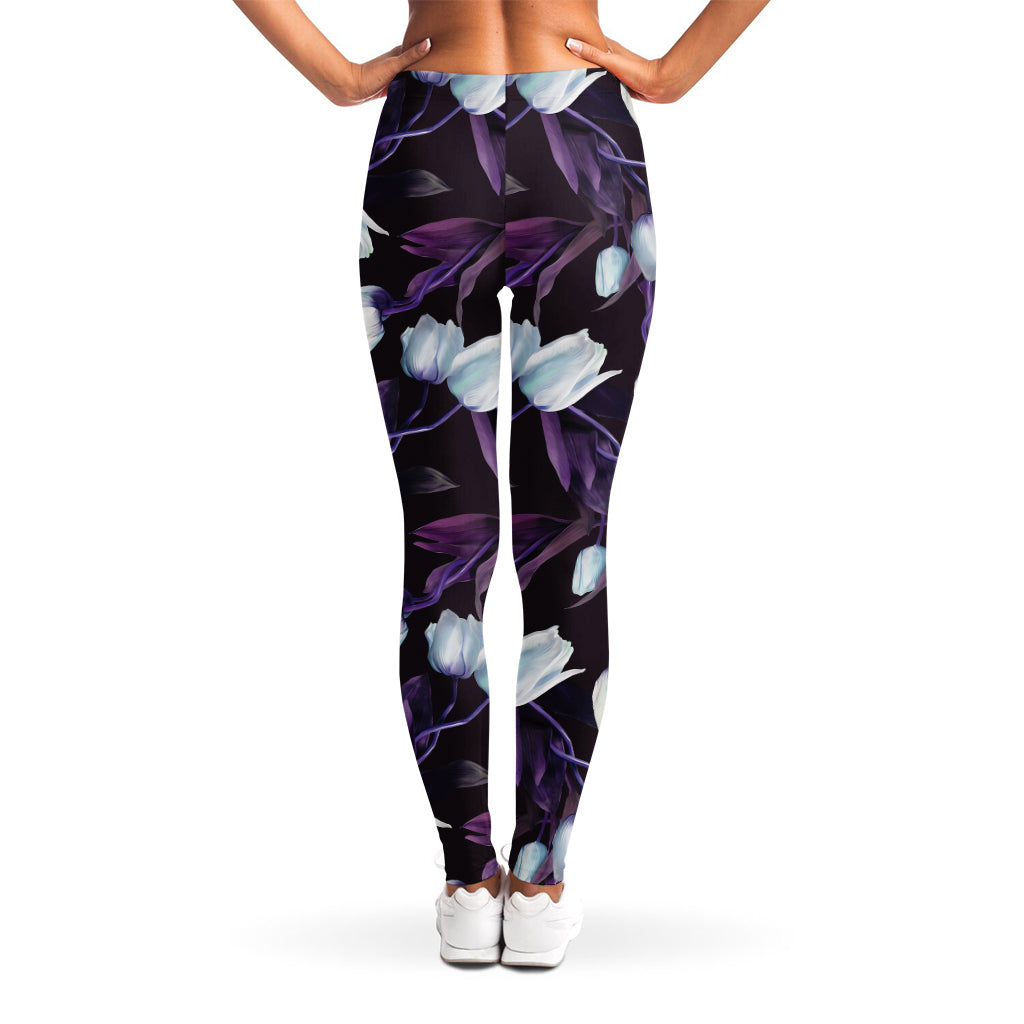White And Purple Tulip Pattern Print Women's Leggings