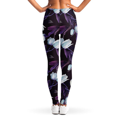White And Purple Tulip Pattern Print Women's Leggings