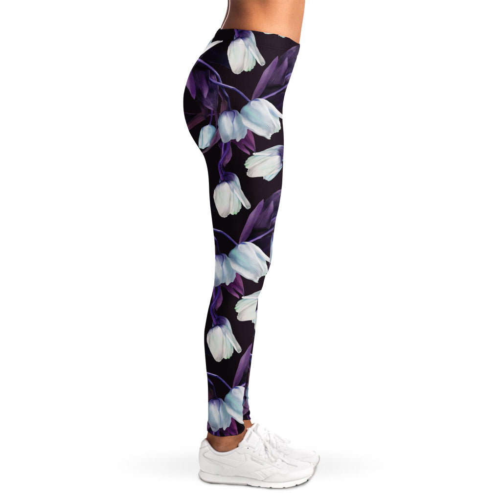 White And Purple Tulip Pattern Print Women's Leggings