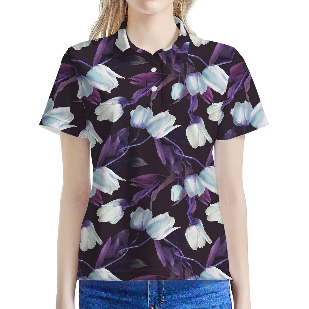 White And Purple Tulip Pattern Print Women's Polo Shirt