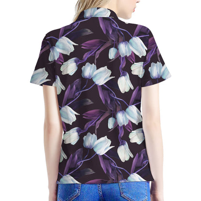 White And Purple Tulip Pattern Print Women's Polo Shirt