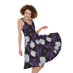 White And Purple Tulip Pattern Print Women's Sleeveless Dress