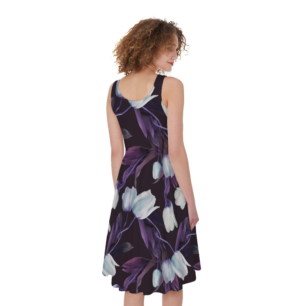 White And Purple Tulip Pattern Print Women's Sleeveless Dress