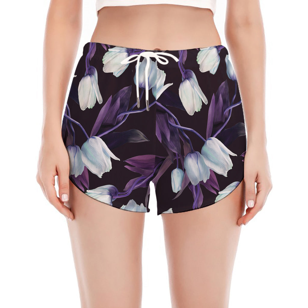 White And Purple Tulip Pattern Print Women's Split Running Shorts