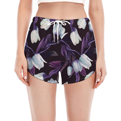 White And Purple Tulip Pattern Print Women's Split Running Shorts