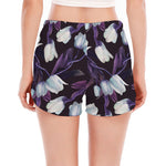White And Purple Tulip Pattern Print Women's Split Running Shorts
