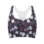 White And Purple Tulip Pattern Print Women's Sports Bra