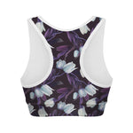 White And Purple Tulip Pattern Print Women's Sports Bra