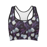 White And Purple Tulip Pattern Print Women's Sports Bra