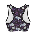 White And Purple Tulip Pattern Print Women's Sports Bra
