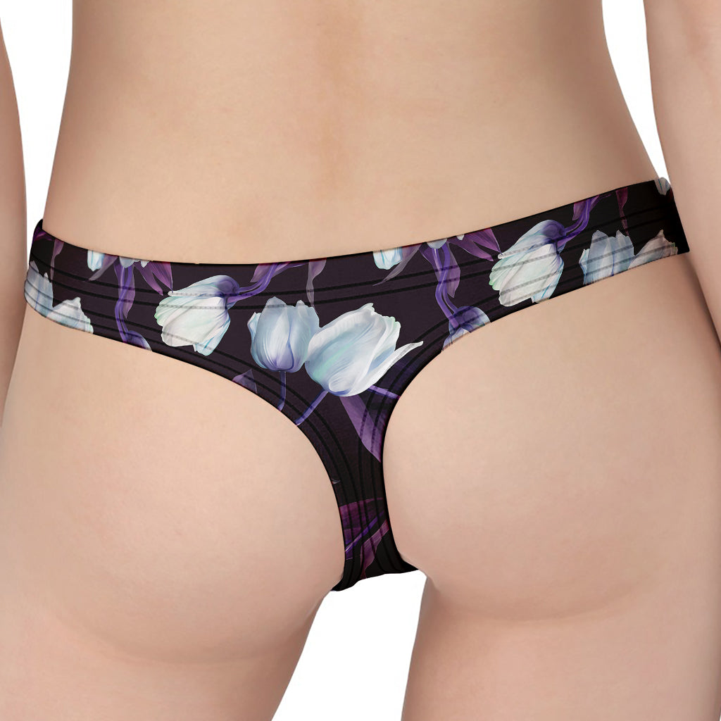 White And Purple Tulip Pattern Print Women's Thong