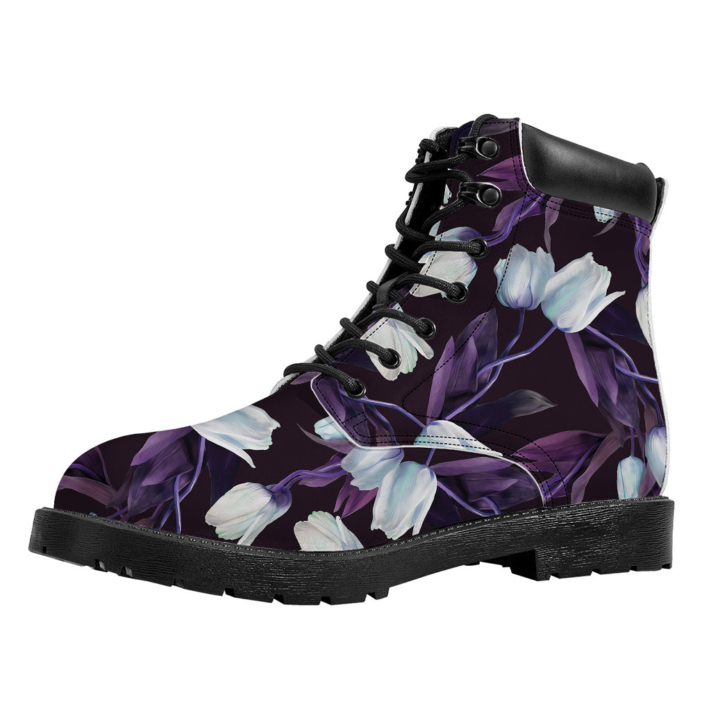 White And Purple Tulip Pattern Print Work Boots