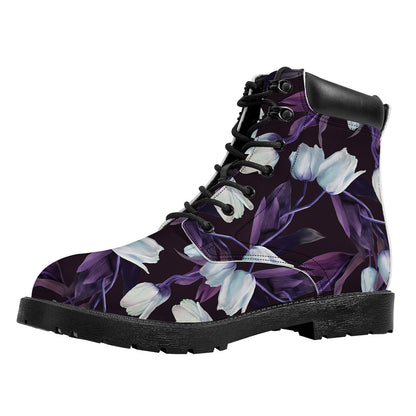 White And Purple Tulip Pattern Print Work Boots