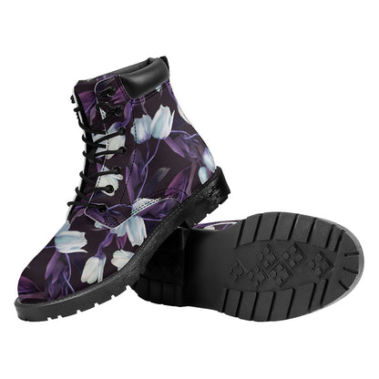 White And Purple Tulip Pattern Print Work Boots