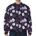 White And Purple Tulip Pattern Print Zip Sleeve Bomber Jacket