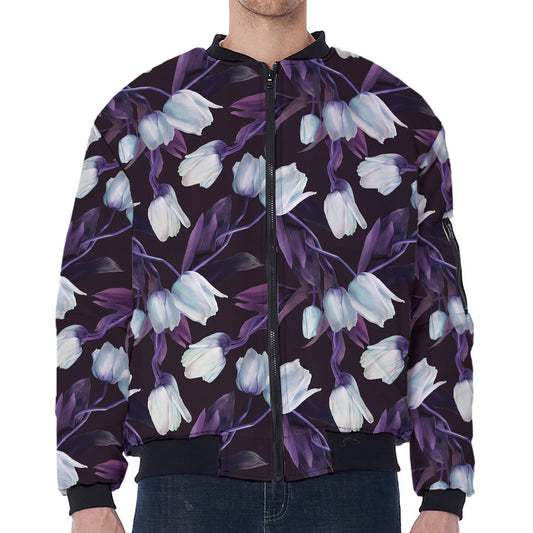 White And Purple Tulip Pattern Print Zip Sleeve Bomber Jacket