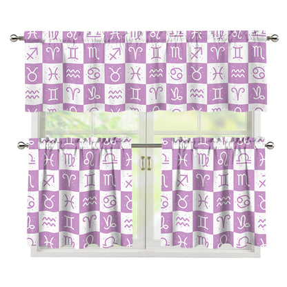 White And Purple Zodiac Signs Print 3 Piece Kitchen Curtains