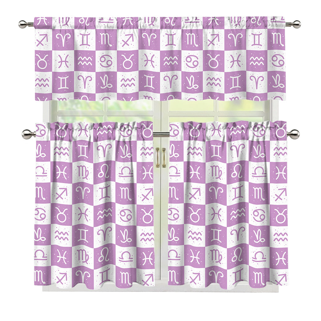 White And Purple Zodiac Signs Print 3 Piece Kitchen Curtains