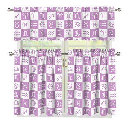 White And Purple Zodiac Signs Print 3 Piece Kitchen Curtains
