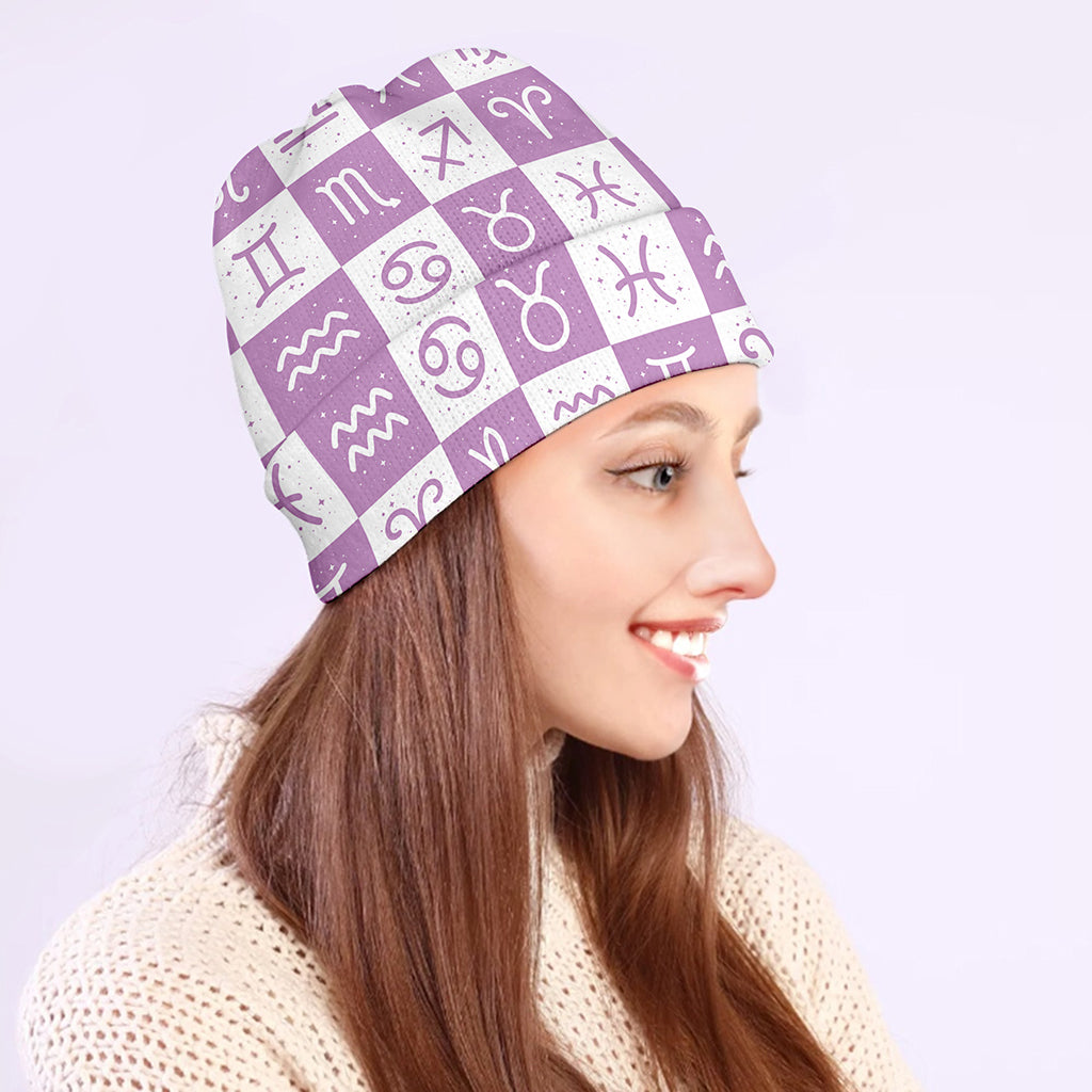 White And Purple Zodiac Signs Print Beanie