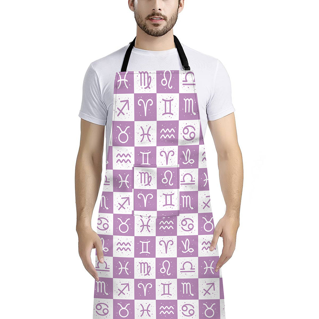 White And Purple Zodiac Signs Print Bib Apron With Pocket