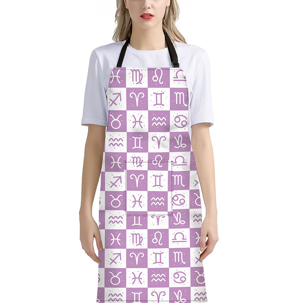 White And Purple Zodiac Signs Print Bib Apron With Pocket