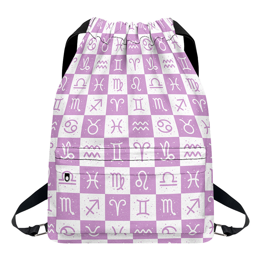 White And Purple Zodiac Signs Print Drawstring Backpack