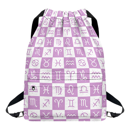 White And Purple Zodiac Signs Print Drawstring Backpack