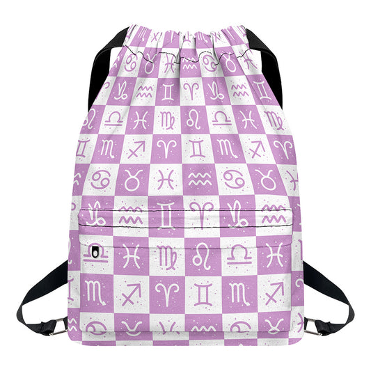 White And Purple Zodiac Signs Print Drawstring Backpack