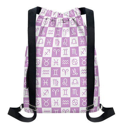 White And Purple Zodiac Signs Print Drawstring Backpack