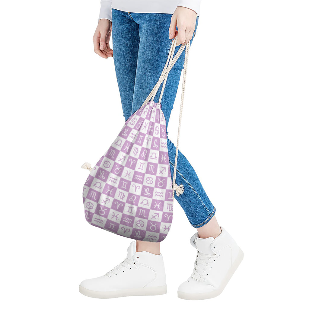 White And Purple Zodiac Signs Print Drawstring Bag