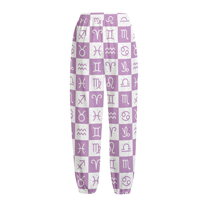 White And Purple Zodiac Signs Print Fleece Lined Knit Pants