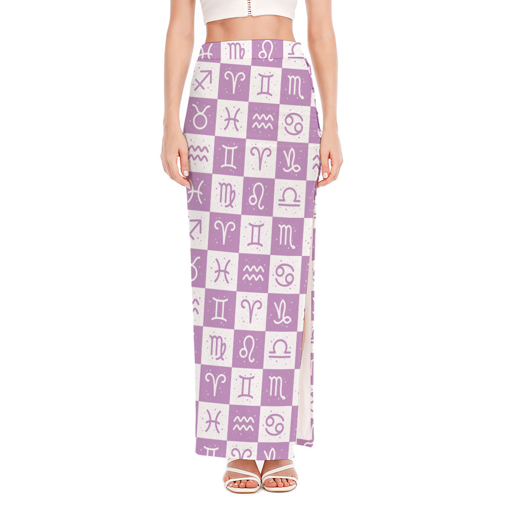 White And Purple Zodiac Signs Print High Slit Maxi Skirt