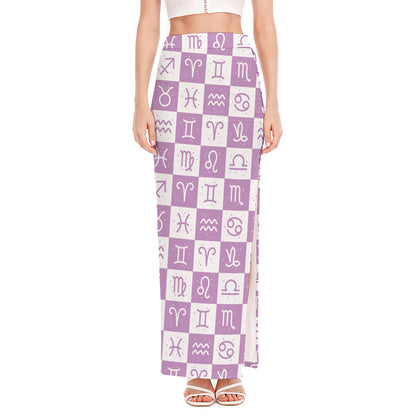 White And Purple Zodiac Signs Print High Slit Maxi Skirt