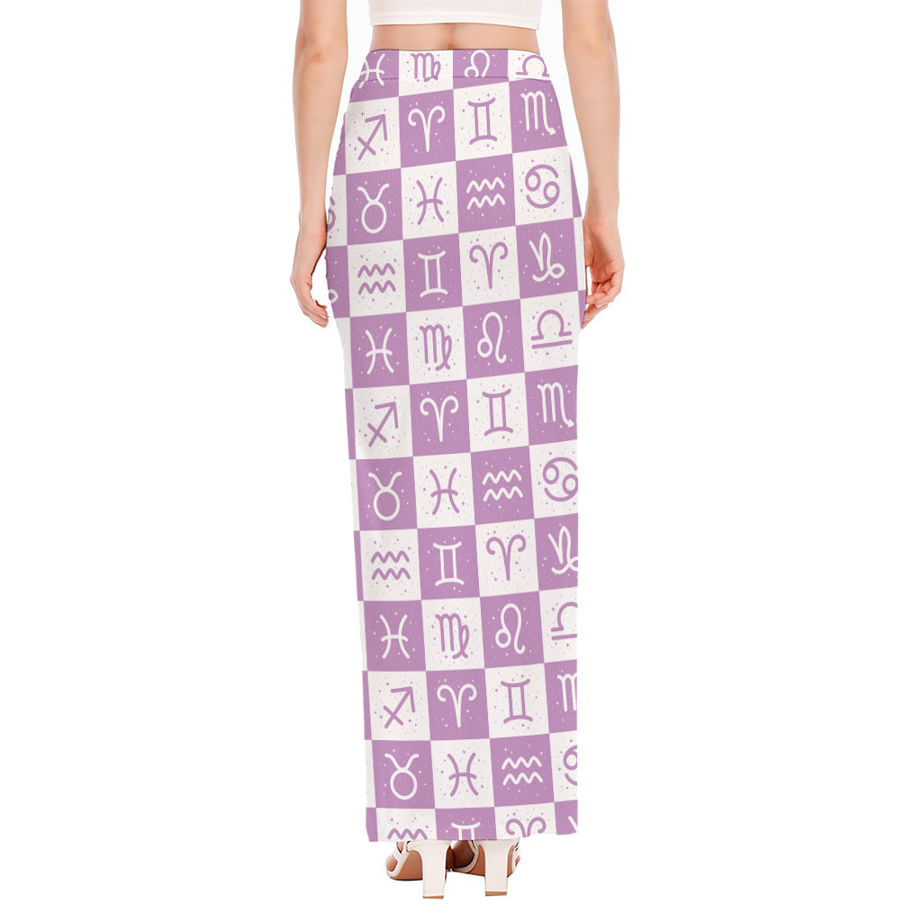 White And Purple Zodiac Signs Print High Slit Maxi Skirt