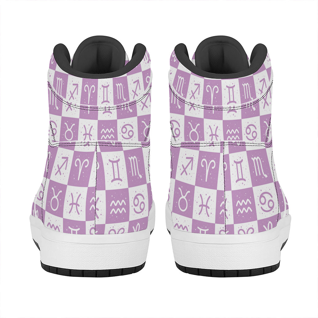 White And Purple Zodiac Signs Print High Top Leather Sneakers
