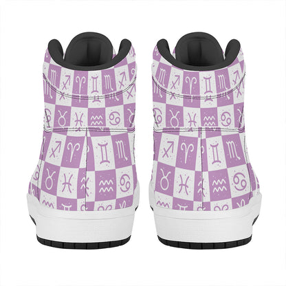 White And Purple Zodiac Signs Print High Top Leather Sneakers