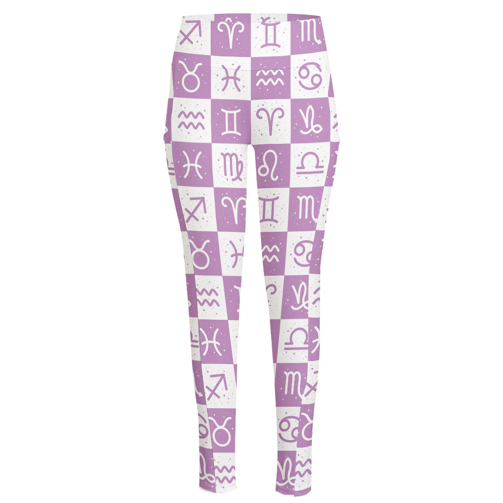 White And Purple Zodiac Signs Print High-Waisted Pocket Leggings