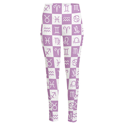 White And Purple Zodiac Signs Print High-Waisted Pocket Leggings