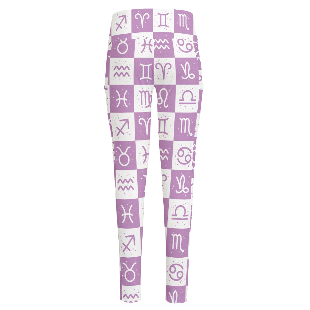 White And Purple Zodiac Signs Print High-Waisted Pocket Leggings