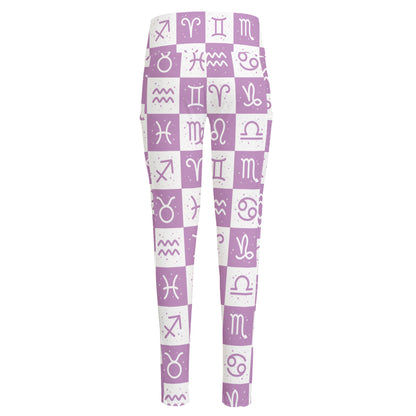 White And Purple Zodiac Signs Print High-Waisted Pocket Leggings