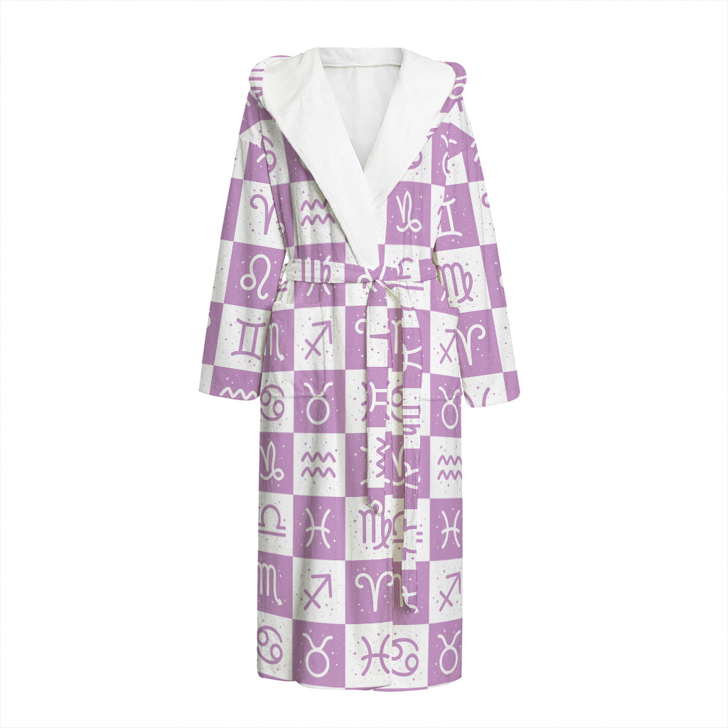 White And Purple Zodiac Signs Print Hooded Bathrobe