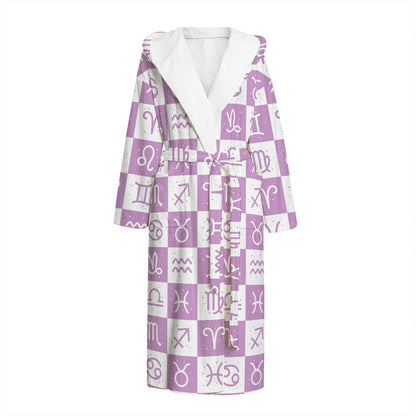 White And Purple Zodiac Signs Print Hooded Bathrobe