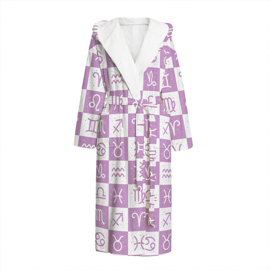 White And Purple Zodiac Signs Print Hooded Bathrobe