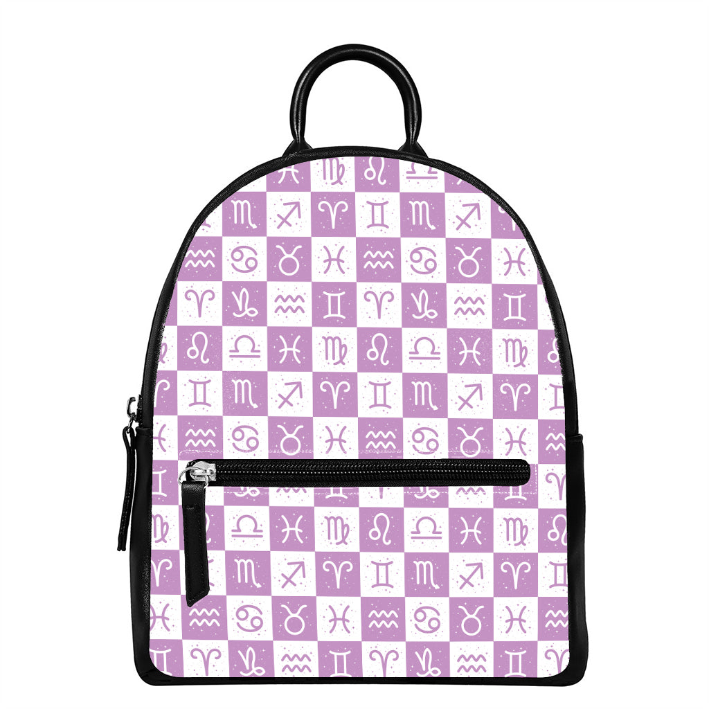 White And Purple Zodiac Signs Print Leather Backpack