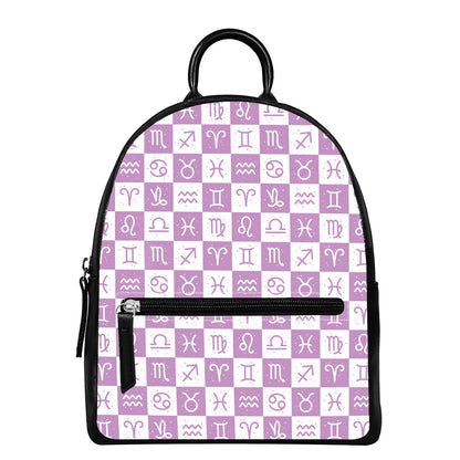 White And Purple Zodiac Signs Print Leather Backpack